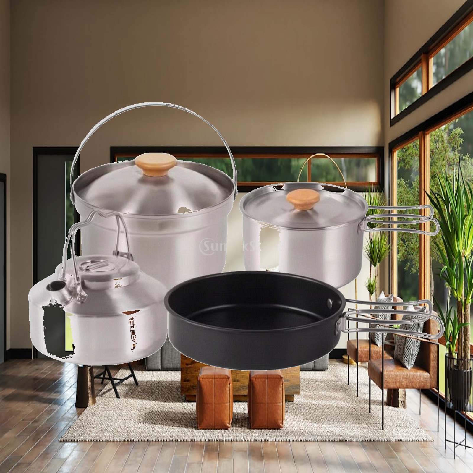 Camping Cooking Set For 4 - 4-teiliges Camping-Kochset aus Edelstahl, stapelbares Camping-Kochgeschirr-Set