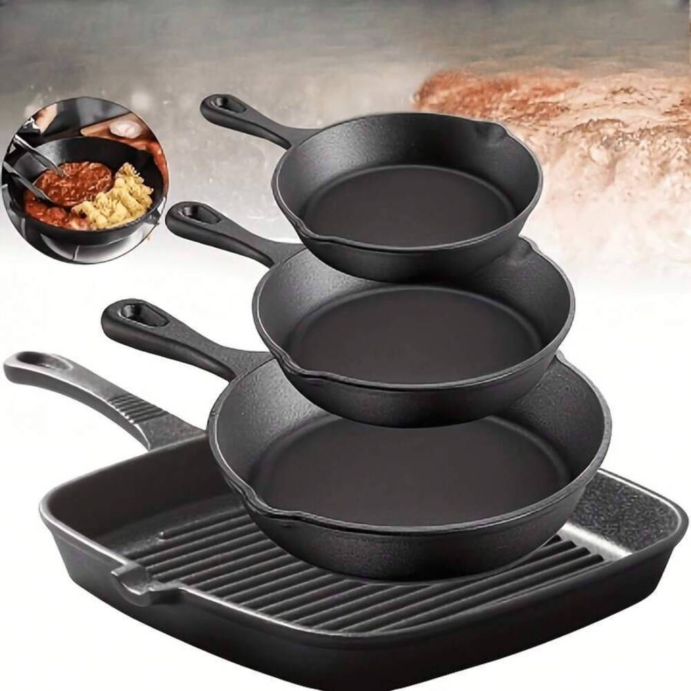 Camping Cooking Set For 4 - 4-teiliges Gusseisen-Kochgeschirr-Set, runde Bratpfannen & quadratische