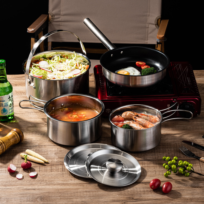 Camping Cooking Set For 4 - Tragbares Camping-Picknick-Kochgeschirr-Set 4-teilig 304 Edelstahl Hängetopf
