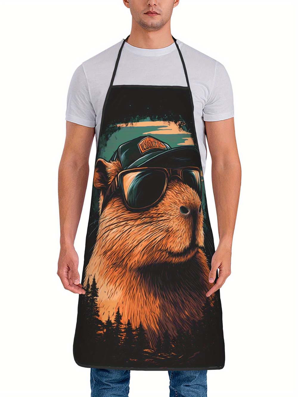 Camping Cooking In Forest - 1 Stück Coole Capybara-Grillschürze, Vintage Waldnacht-Stil