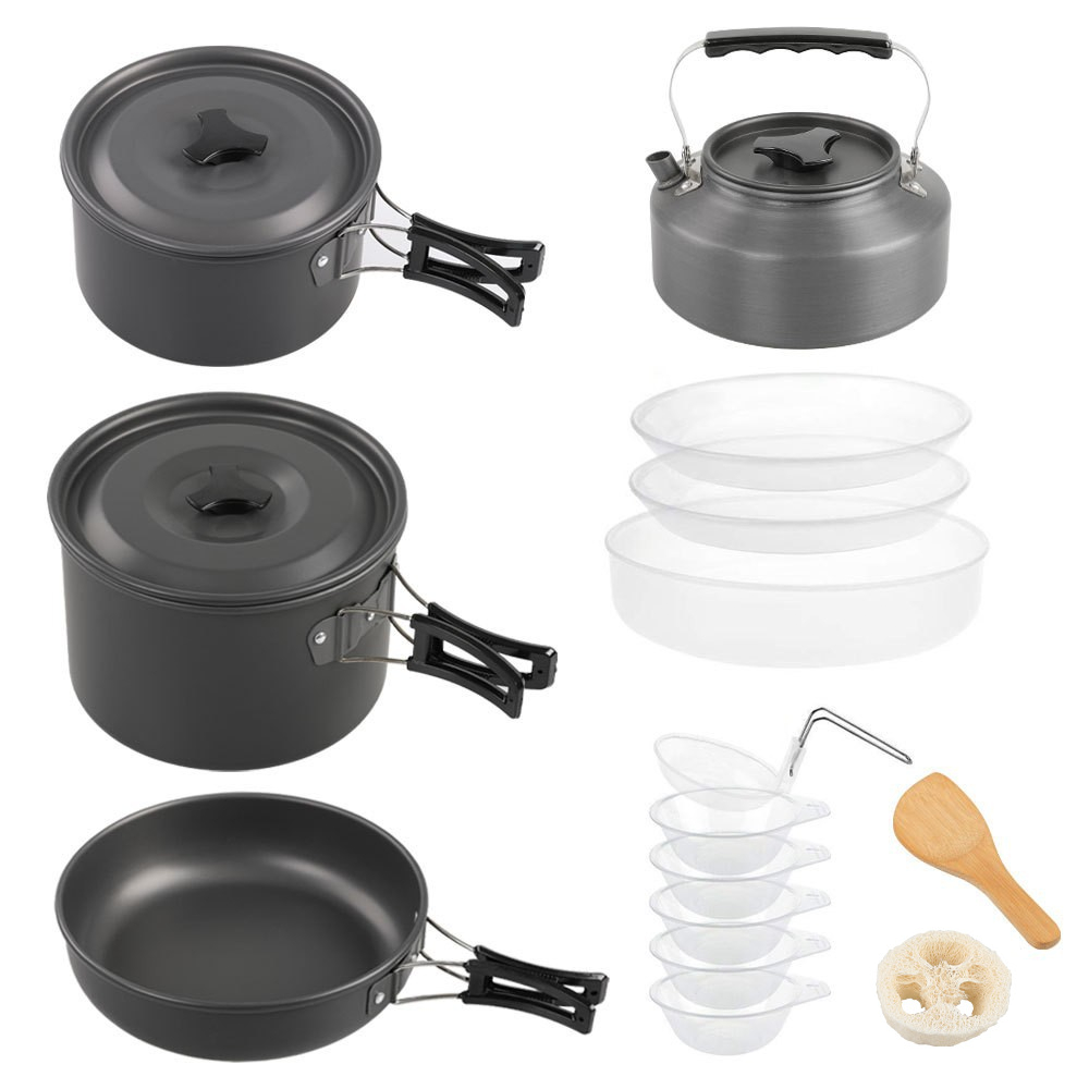 Camping Cooking Pot Large - Großes Outdoor-Kochset, 2-4 Personen Nestkochtopf-Set, Camping-Teekannen-Set,