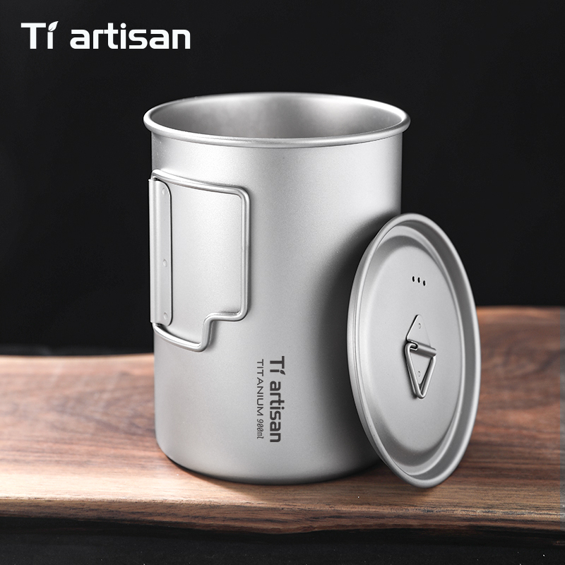 Camping Cooking Pot Large - Tiartisan 750ml/900ml Titan-Campingbecher mit Klappgriff, Großer